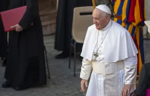 Pope Francis smiles during the general audience in the Vatican's San Damaso Courtyard on June 30, 2021. Credit: Pablo Esparza/CNA.